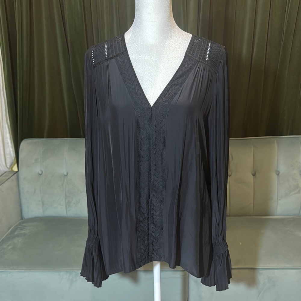 Ramy Brook Black V Neck Relaxed Pleated Blouse